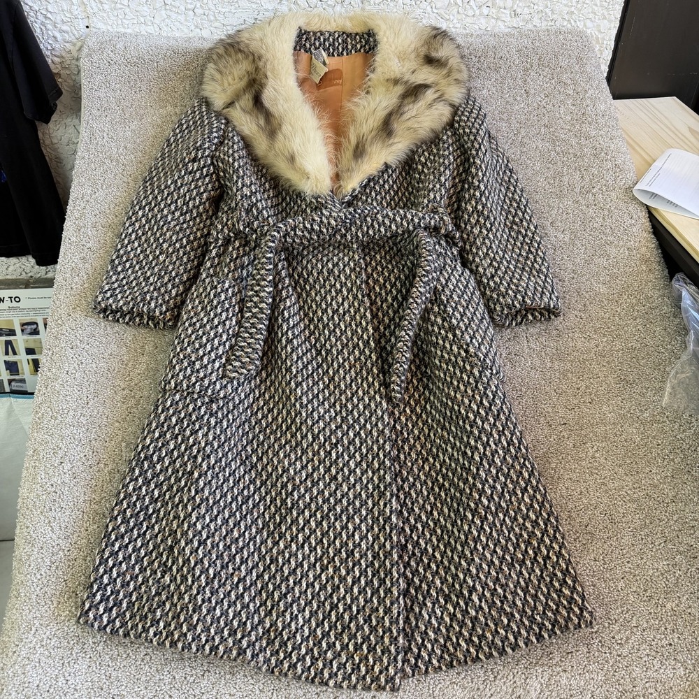 Vintage House Of Branell Coat Womens L Brown Wool Fur Collar Belted Herringbone